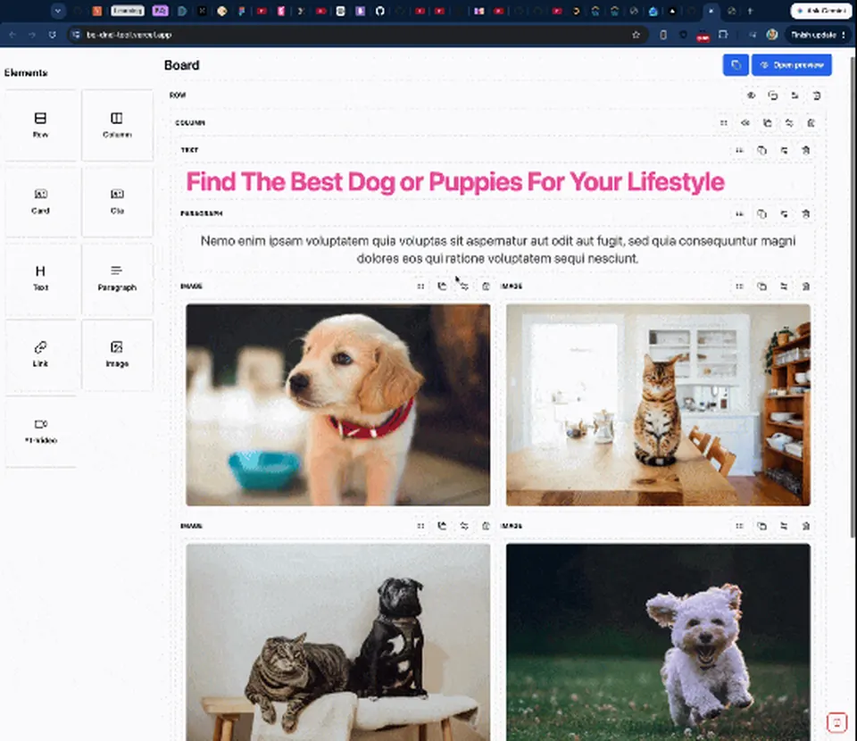 Drag and drop website builder project preview